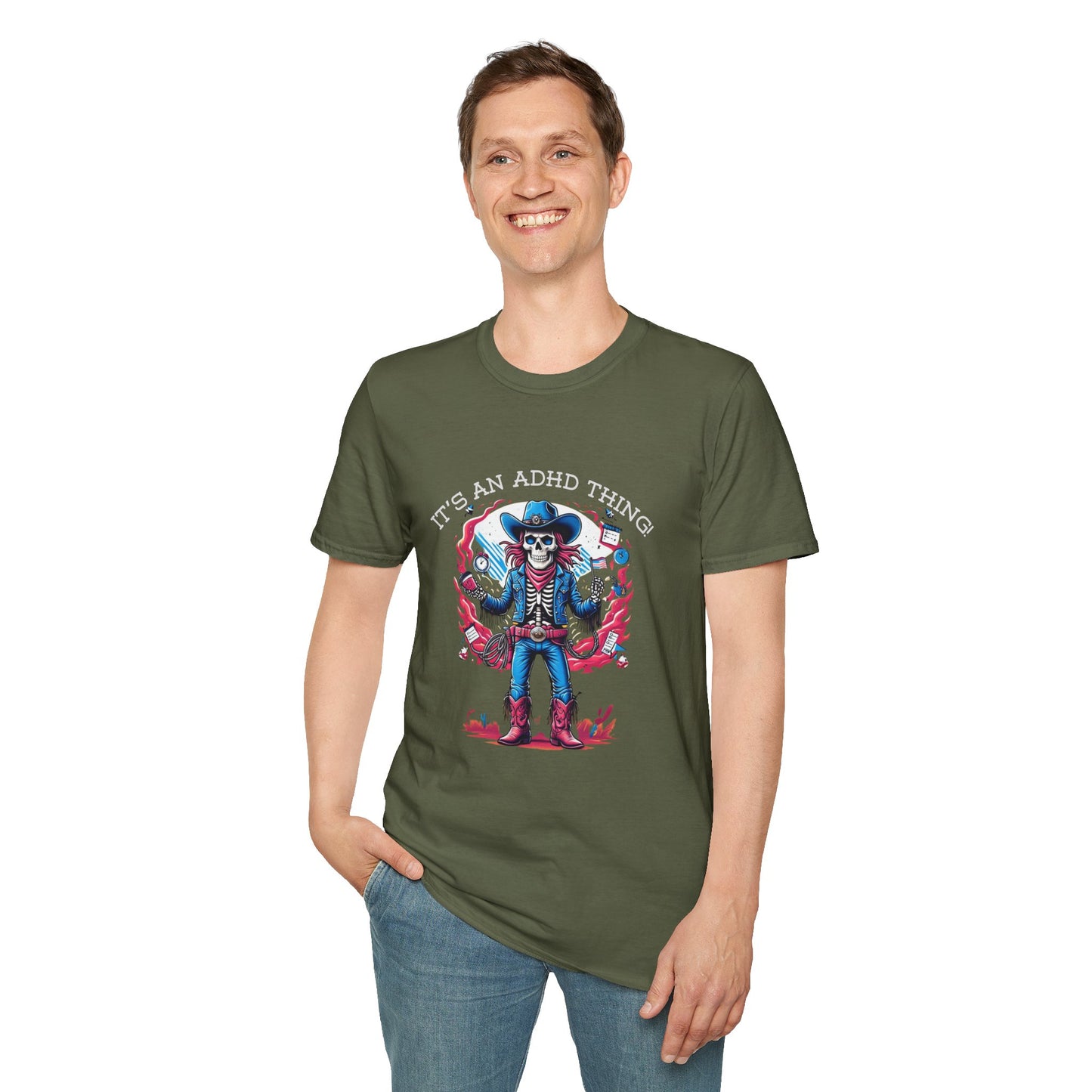 It’s an ADHD Thing – Skeleton Cowboy/Cowgirl T-Shirt | Unisex Softstyle Tee | Neurodiversity Awareness | ADHD & Autism Spectrum