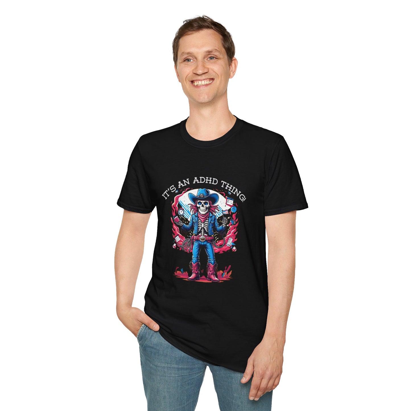 It’s an ADHD Thing – Skeleton Cowboy/Cowgirl T-Shirt | Unisex Softstyle Tee | Neurodiversity Awareness | ADHD & Autism Spectrum
